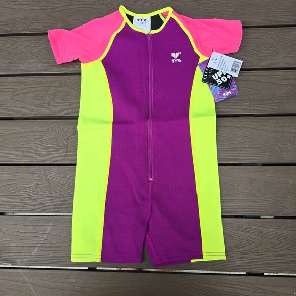 TYR Girls Solid Thermal Swim Suit Zip up Purple Pink Blue Neom Size 2T New - Picture 2 of 5